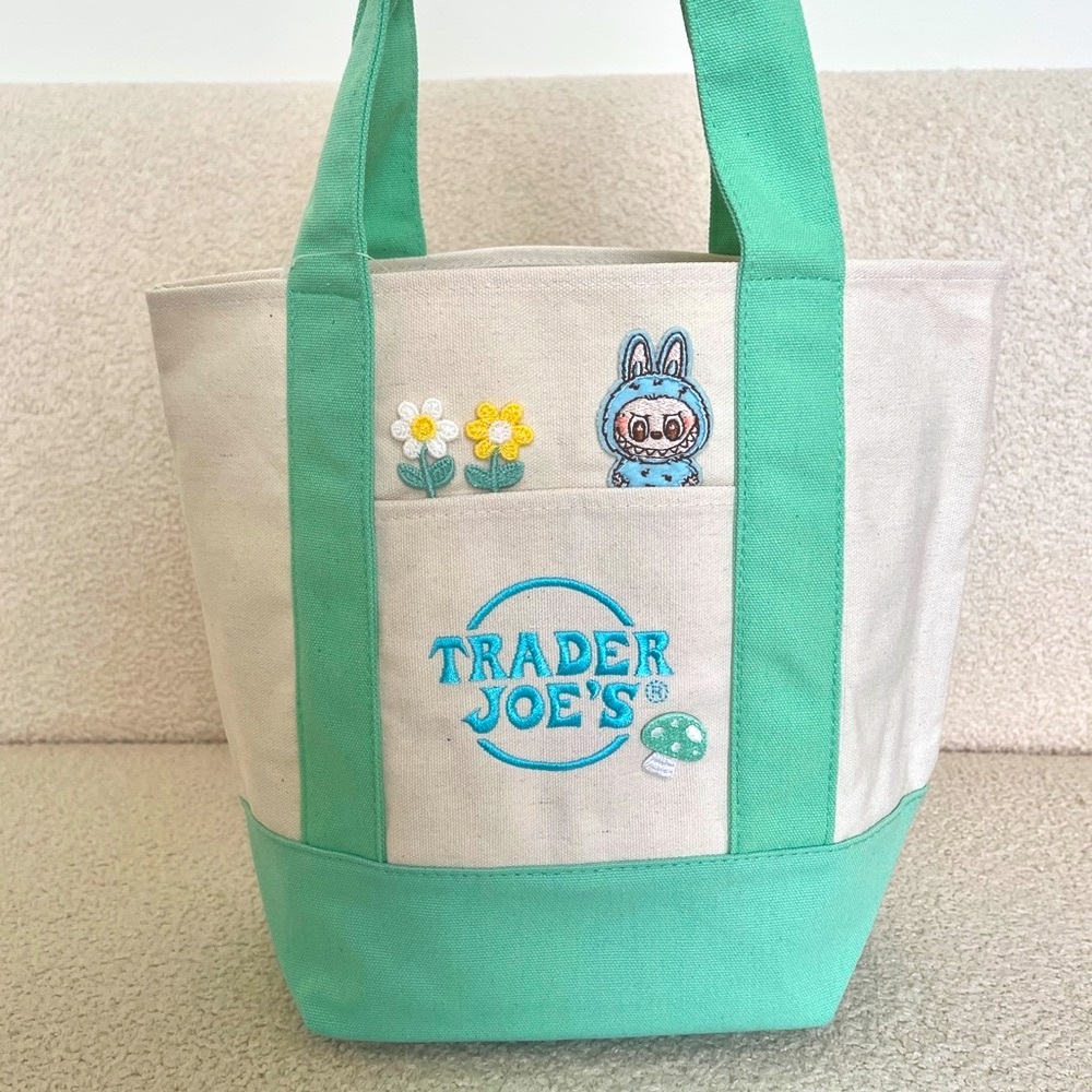 Trader Joe's Custom Pastel Mini Tote Labubu Flower Embroidered Patch Tote Mint